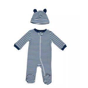 NWT Chick Pea Baby Boys Blue & White Footed Coverall and Hat, 2 Piece Set -6-9 M
